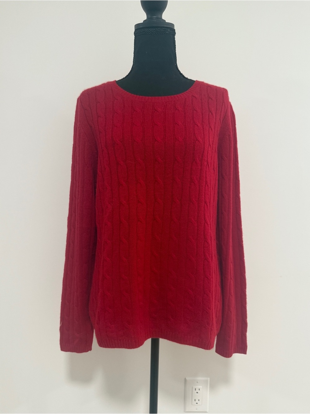 Vintage Peck & Peck 100% Cashmere Cable Knit Sweater L Red 2-Ply Crewneck Luxury